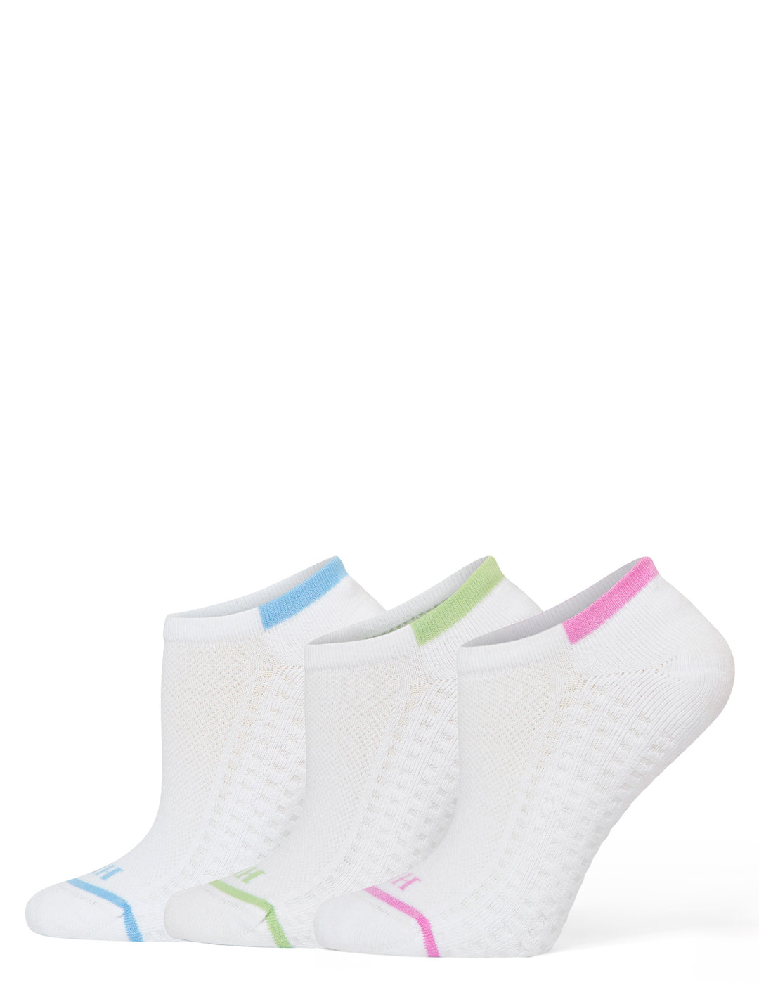 Three pairs of white ankle socks with colorful accents on a white background