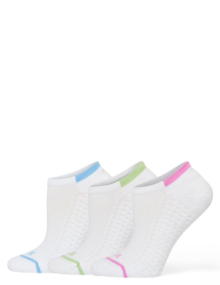 Three pairs of white ankle socks with colorful accents on a white background
