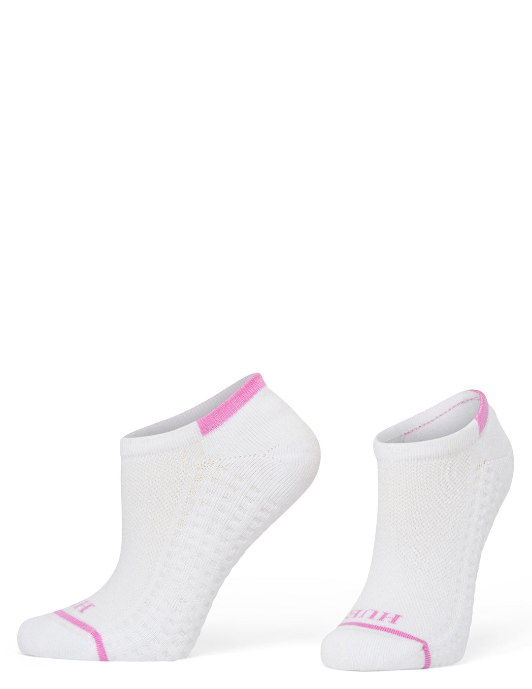 Two white ankle socks with pink accents on a white background