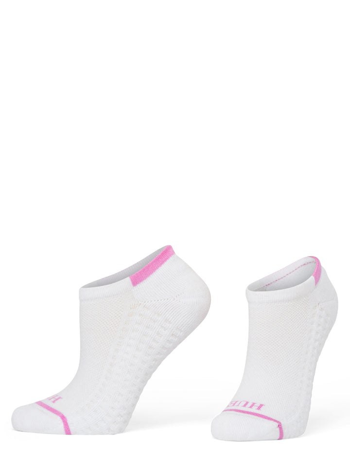 Two white ankle socks with pink accents on a white background