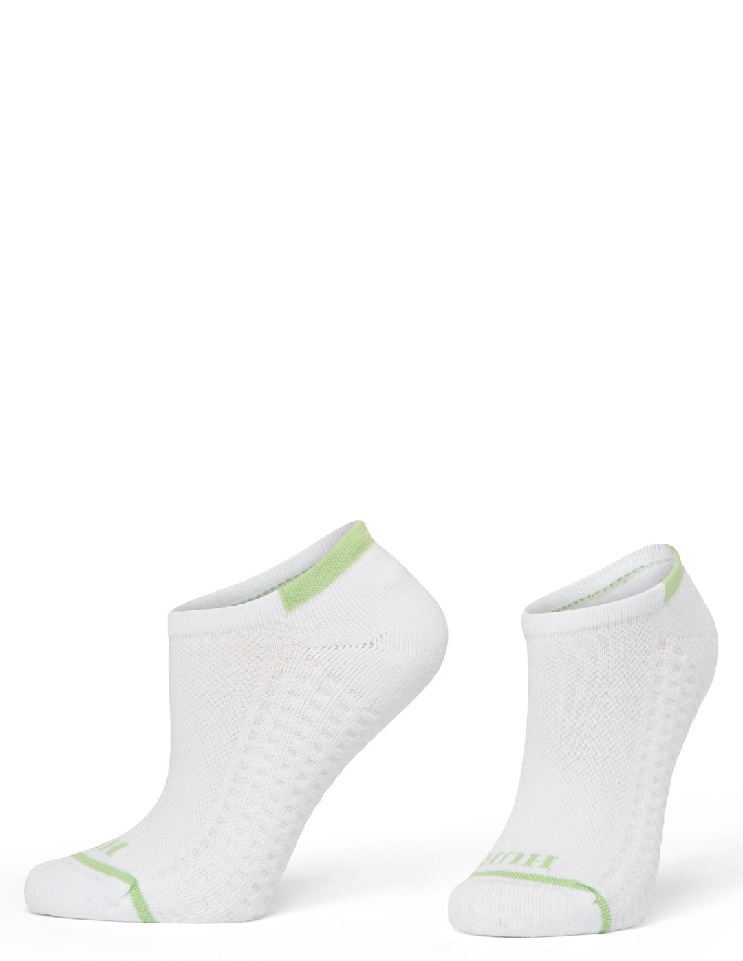 Pair of white socks with green accents on a white background