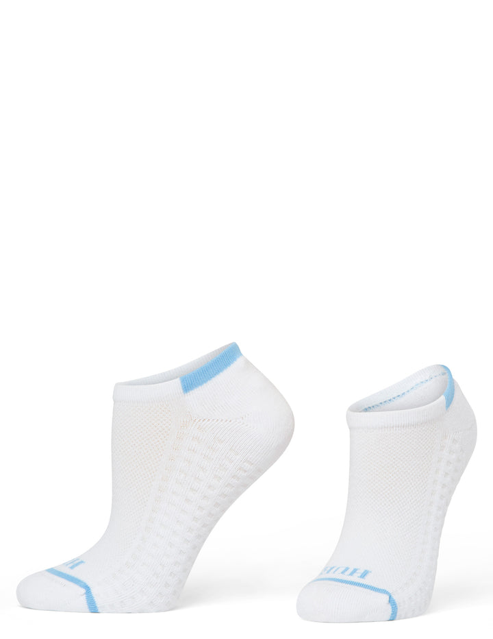 Two white ankle socks with blue accents on a white background