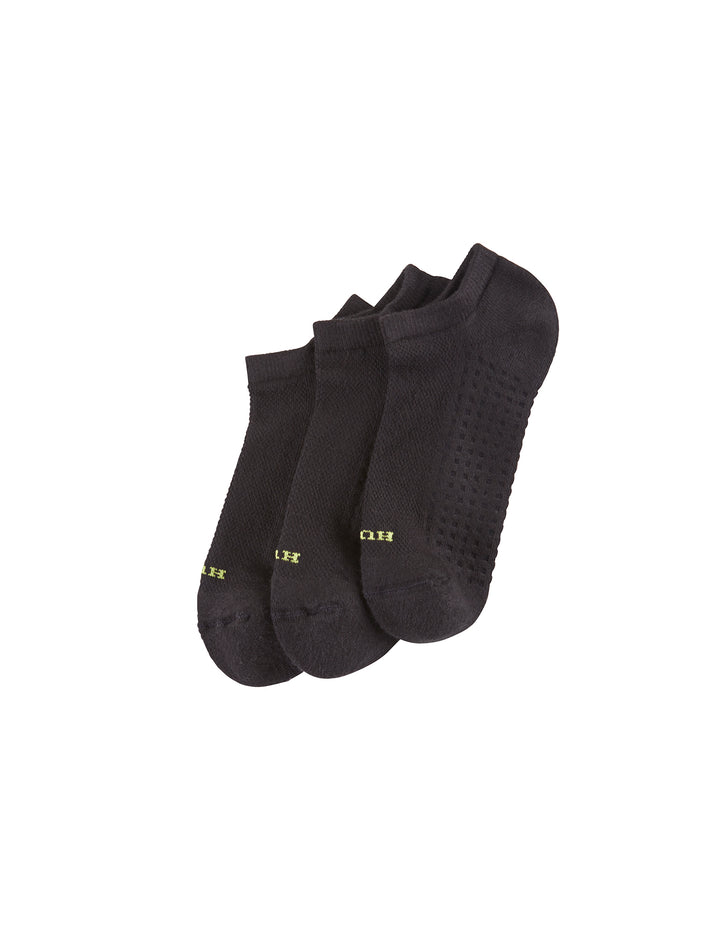 Three pairs of black no show socks on a solid white background
