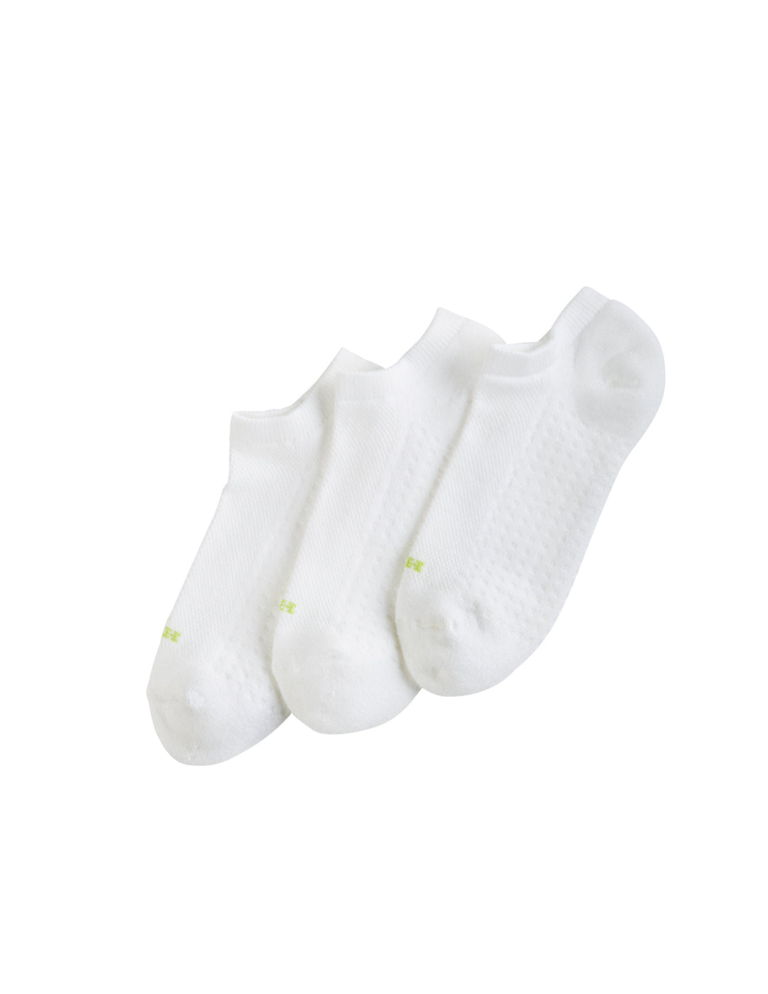 Three pairs of white no show socks on a solid white background