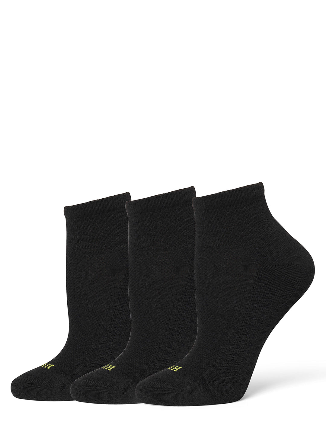 Three black ankle socks arranged in a row on a clean white background, each featuring a small yellow logo near the toe.