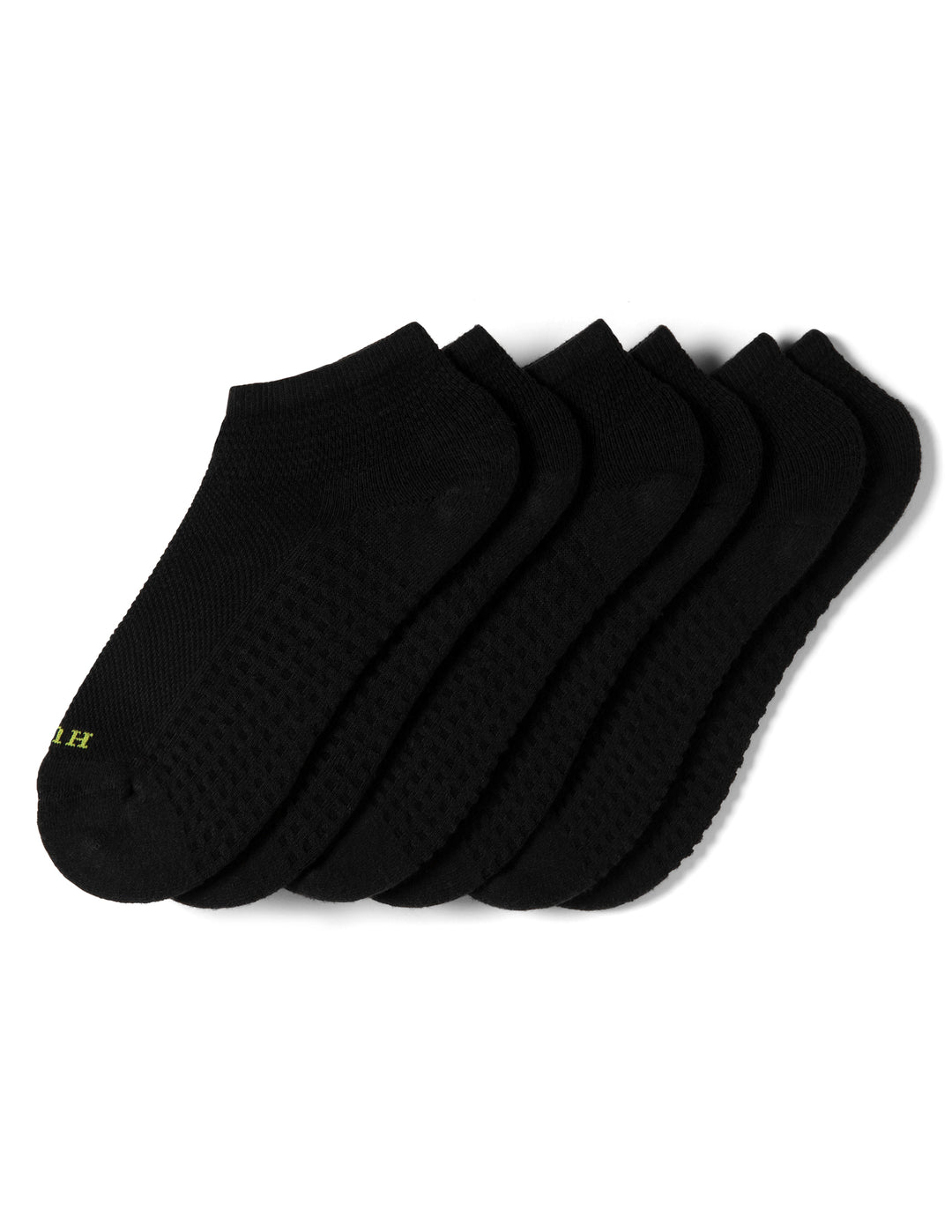 Six pairs of black low-cut athletic socks with a textured grip sole, arranged on a white background.