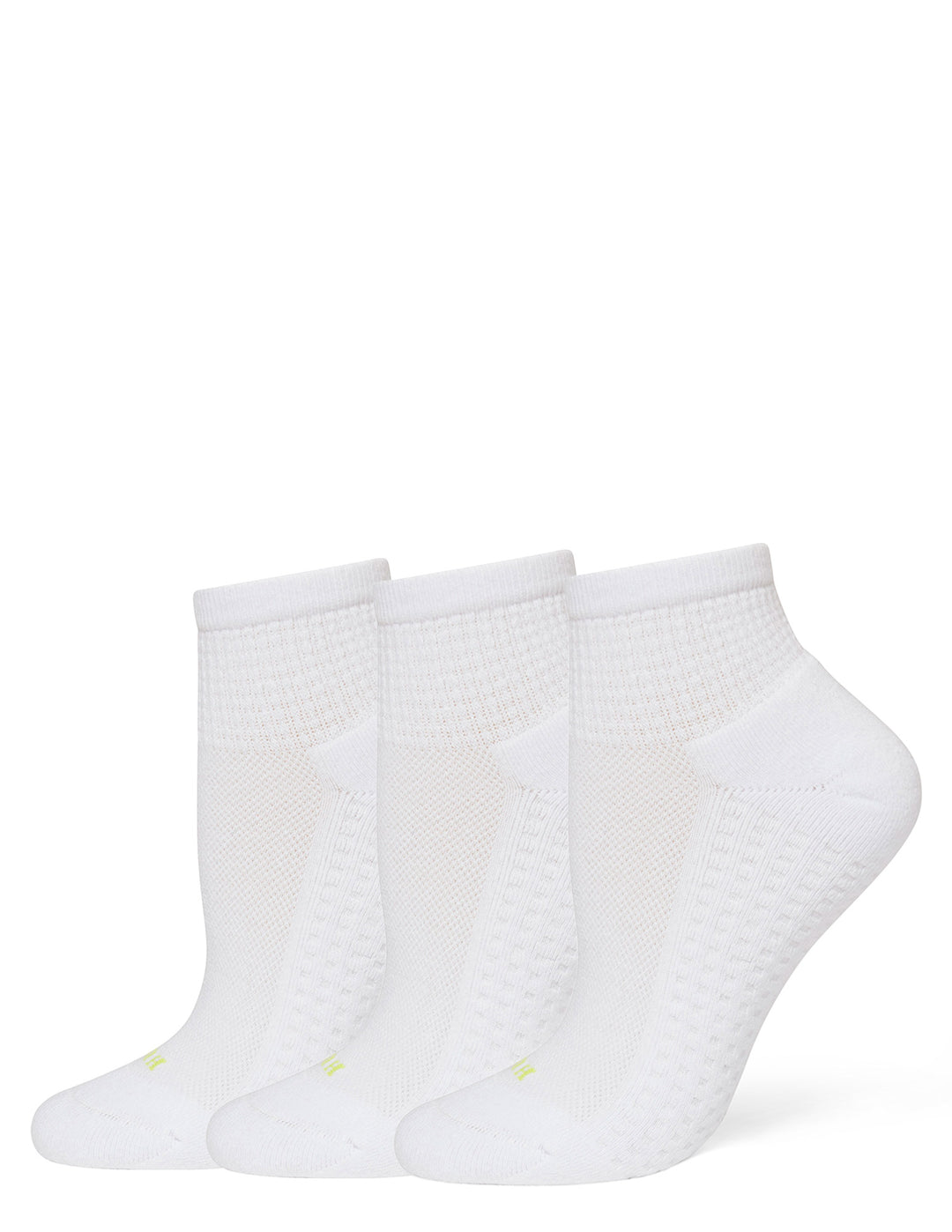 Three pairs of white ankle socks with a textured knit pattern, arranged in a row against a plain white background.