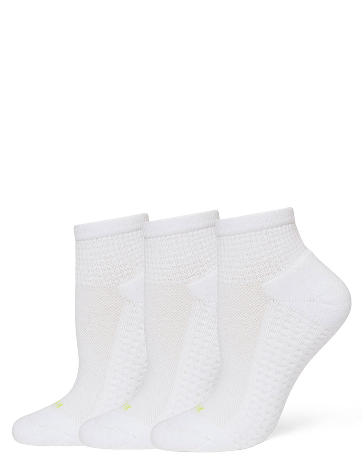Three pairs of white ankle socks with a textured knit pattern, arranged in a row against a plain white background.