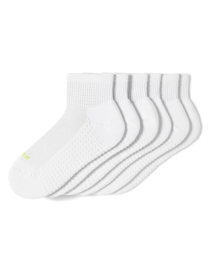 A three pair pack of white ankle socks with a textured waffle pattern, arranged on a clean white background.