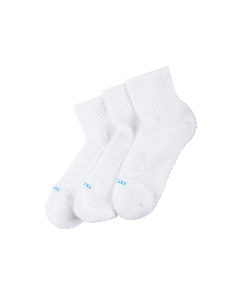White socks with blue branding across the top on a white background