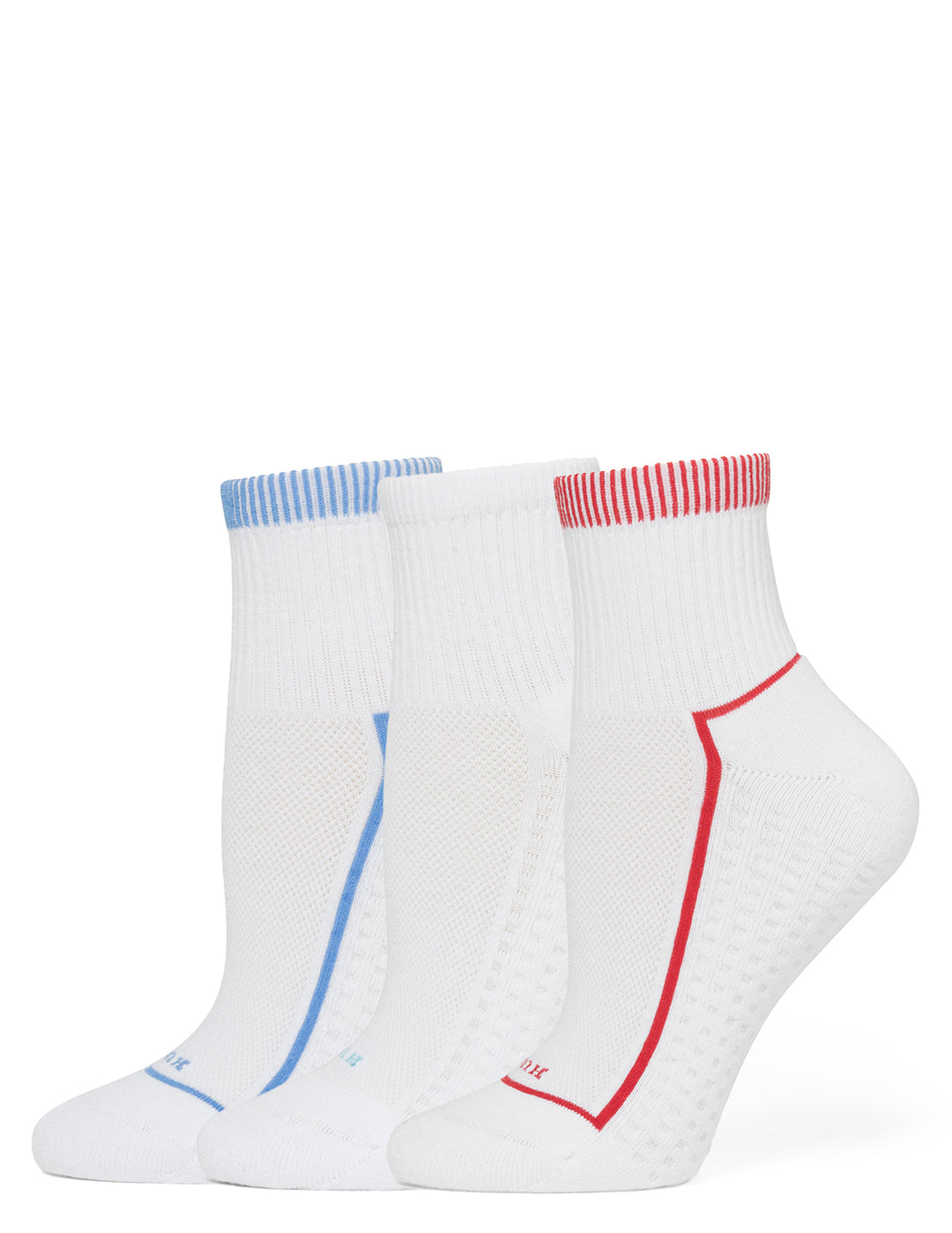 Three pairs of women's ankle socks with contrasting color stripes on the cuffs, one pair with blue stripes, one with red, and one with no visible stripe.