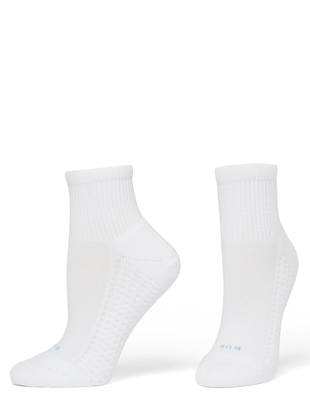 White socks with blue branding across the top on a white background