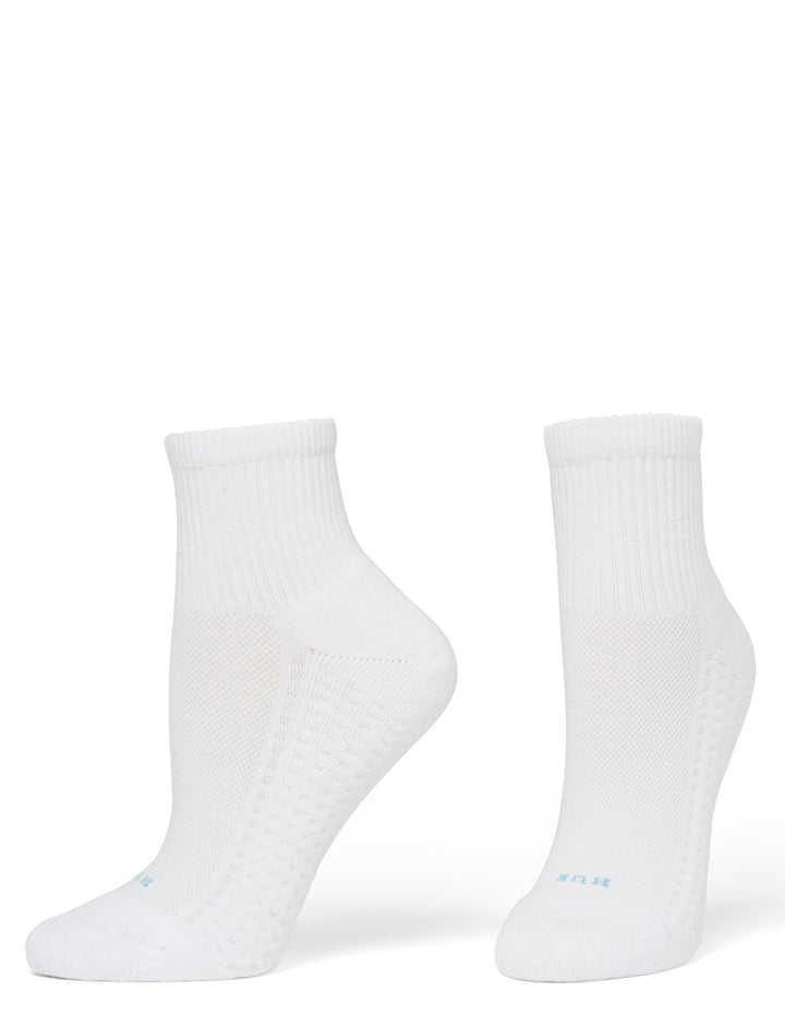 White socks with blue branding across the top on a white background