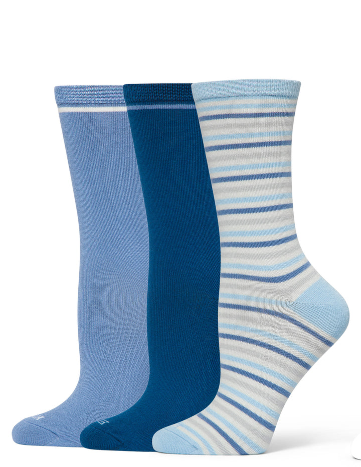 Three pairs of socks in blue and gray striped pattern on a white background