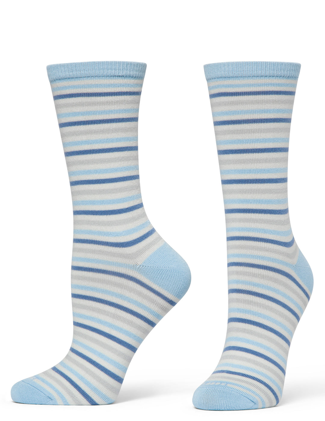 Pair of blue and gray striped socks on a white background