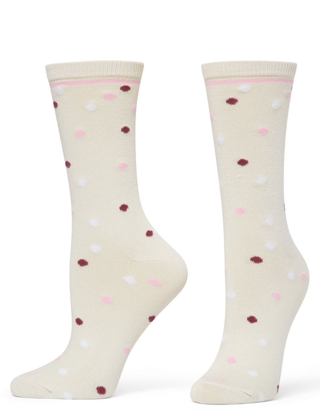 Pair of cream socks with colorful polka dots on a white background