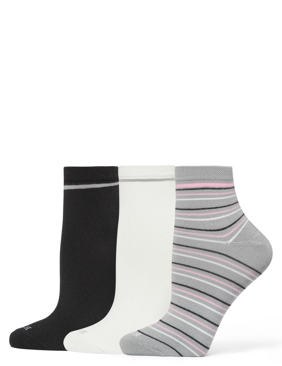 Three pairs of socks in black, white, and gray with pink stripes on a white background