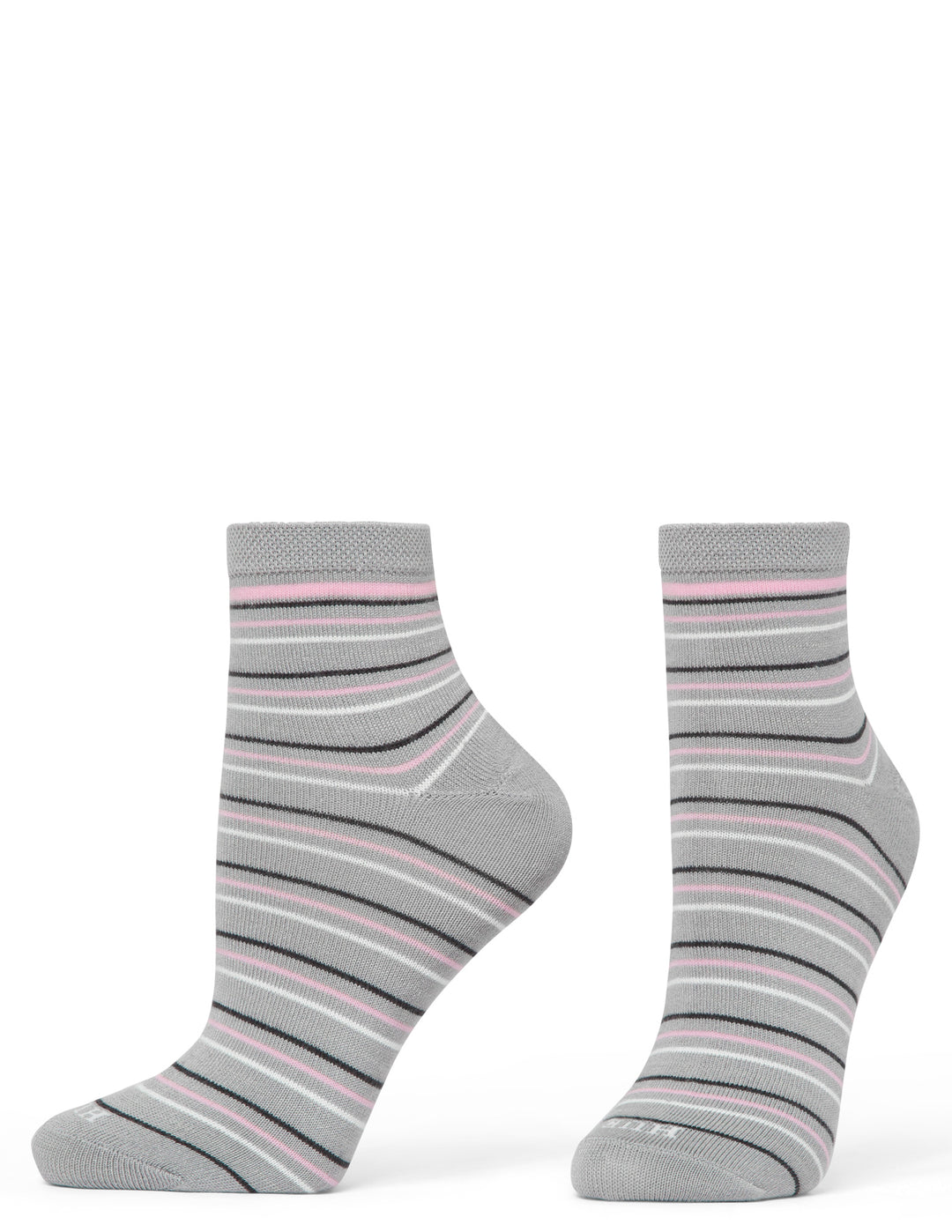 Pair of gray and pink striped socks on a white background