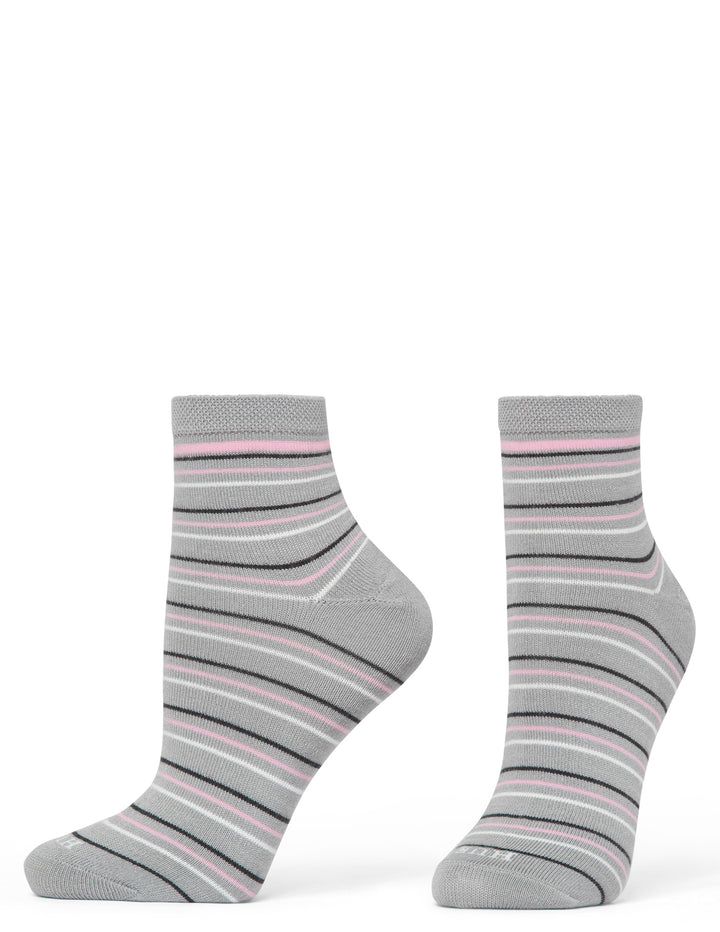 Pair of gray and pink striped socks on a white background