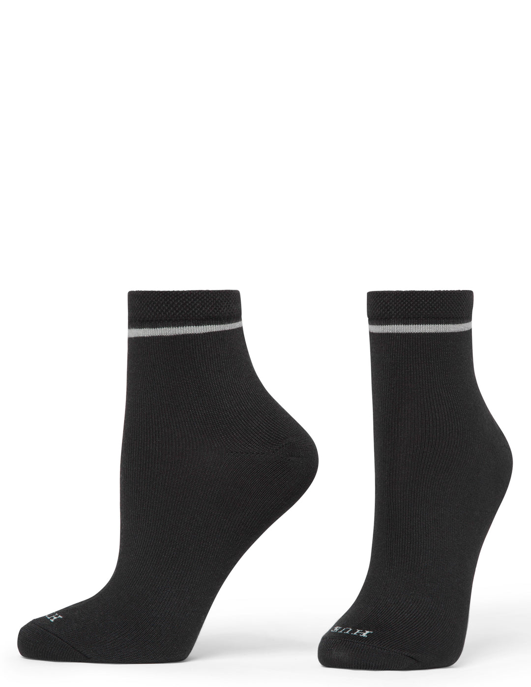 Pair of black socks with a thin white stripe on a white background