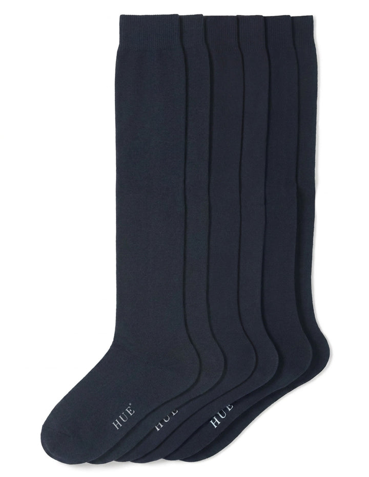 Three pairs of navy knee high socks displayed against a light gray background.