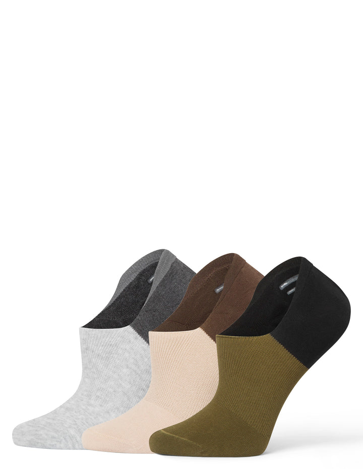 Set of three pairs of socks in green and black, beige and brown, and dark gray and light grey on a white background.
