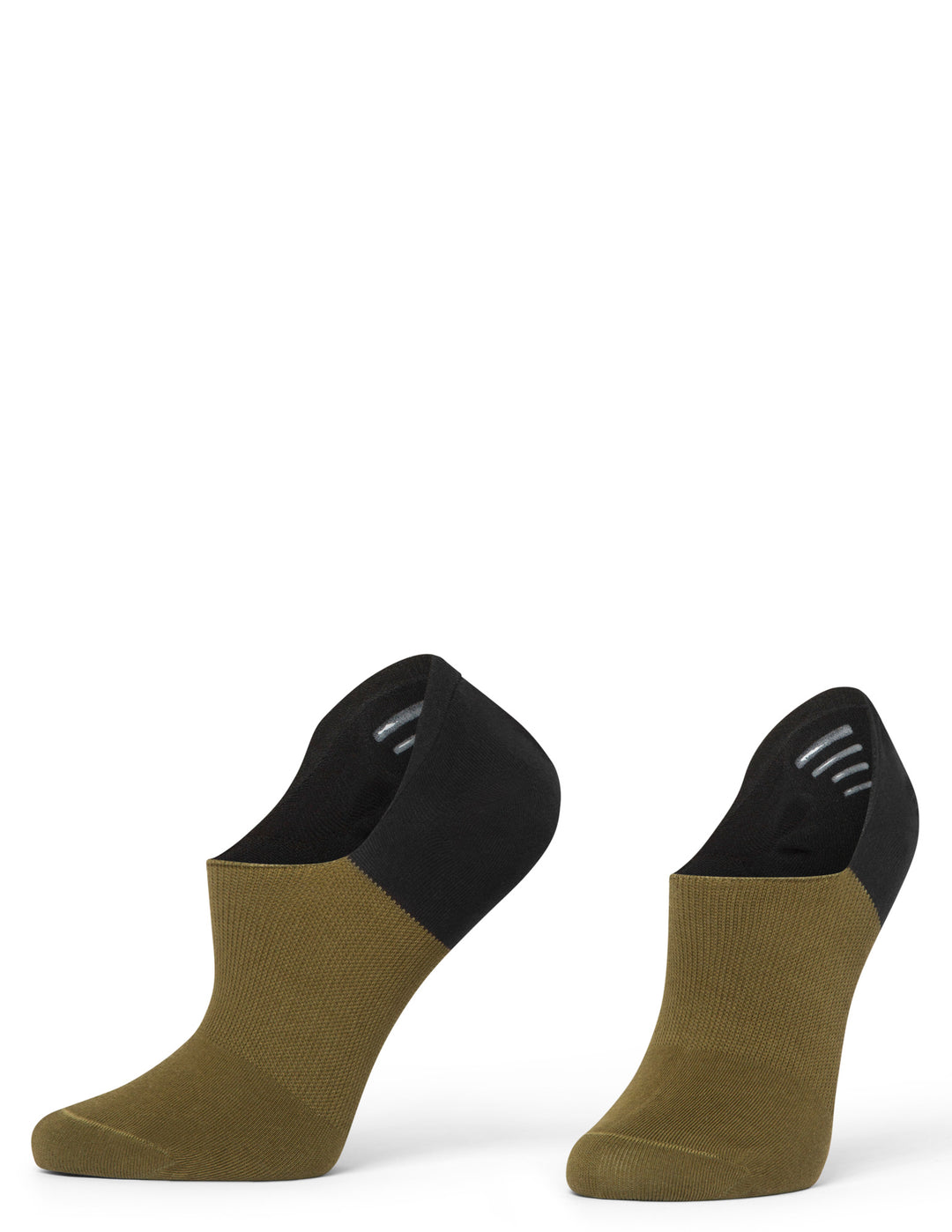 Pair of olive green socks with black toes and heels on a white background
