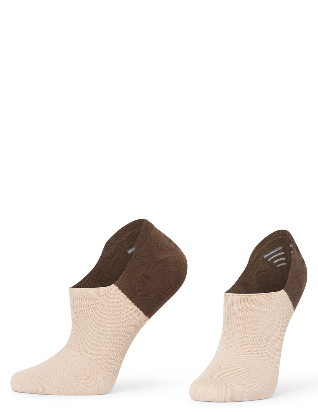 Pair of beige ankle socks with brown toes and heels on a white background