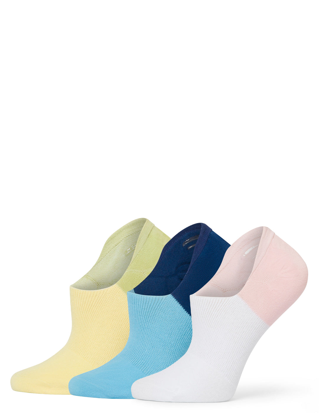 Three pairs of colorful socks in yellow, blue, and pink on a white background