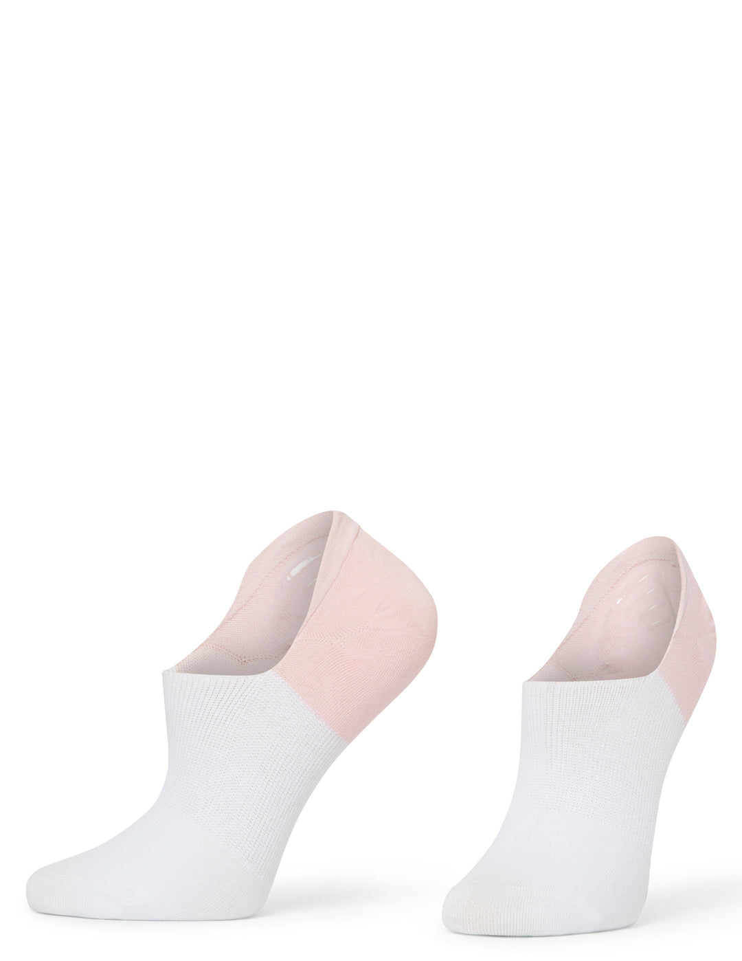 Two pairs of white ankle socks with pink toes on a white background