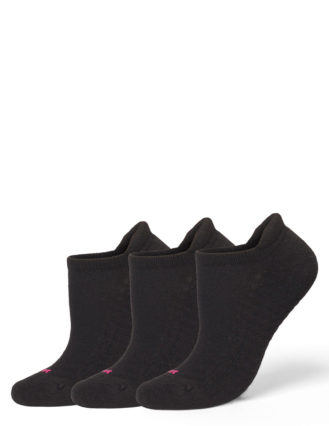 Three black low-cut no-show socks arranged on a clean white background.