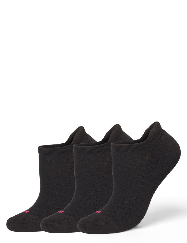 Three black low-cut no-show socks arranged on a clean white background.