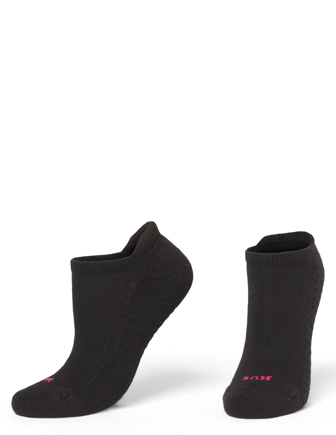 A pair of black low-cut ankle socks with a small pink logo on the toes, displayed against a clean white background.