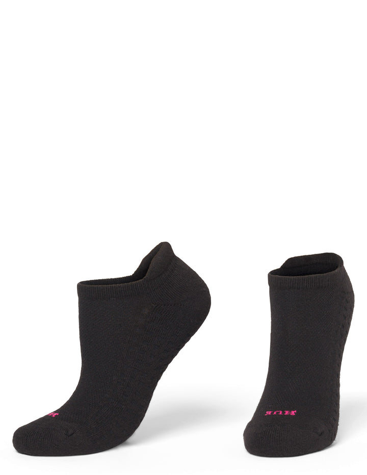 A pair of black low-cut ankle socks with a small pink logo on the toes, displayed against a clean white background.