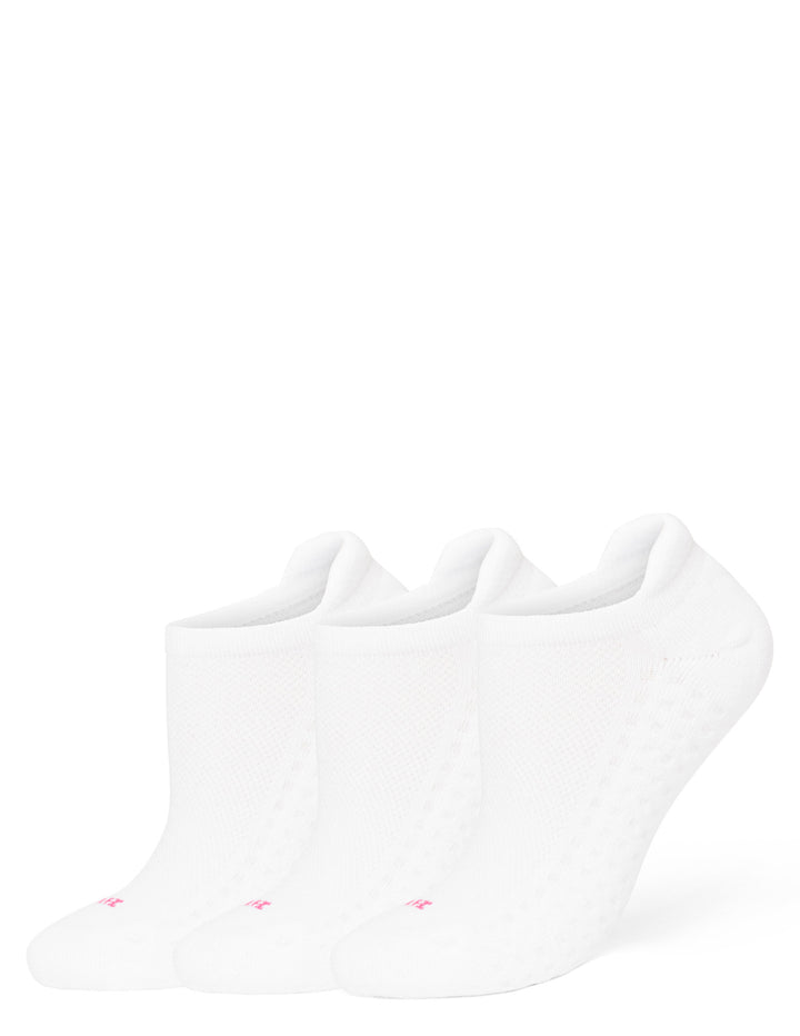 Three pairs of white low-cut no-show socks displayed on a clean white background. 