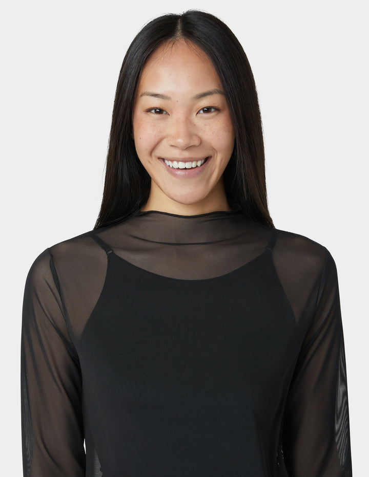 Person wearing a black sheer top against a white background