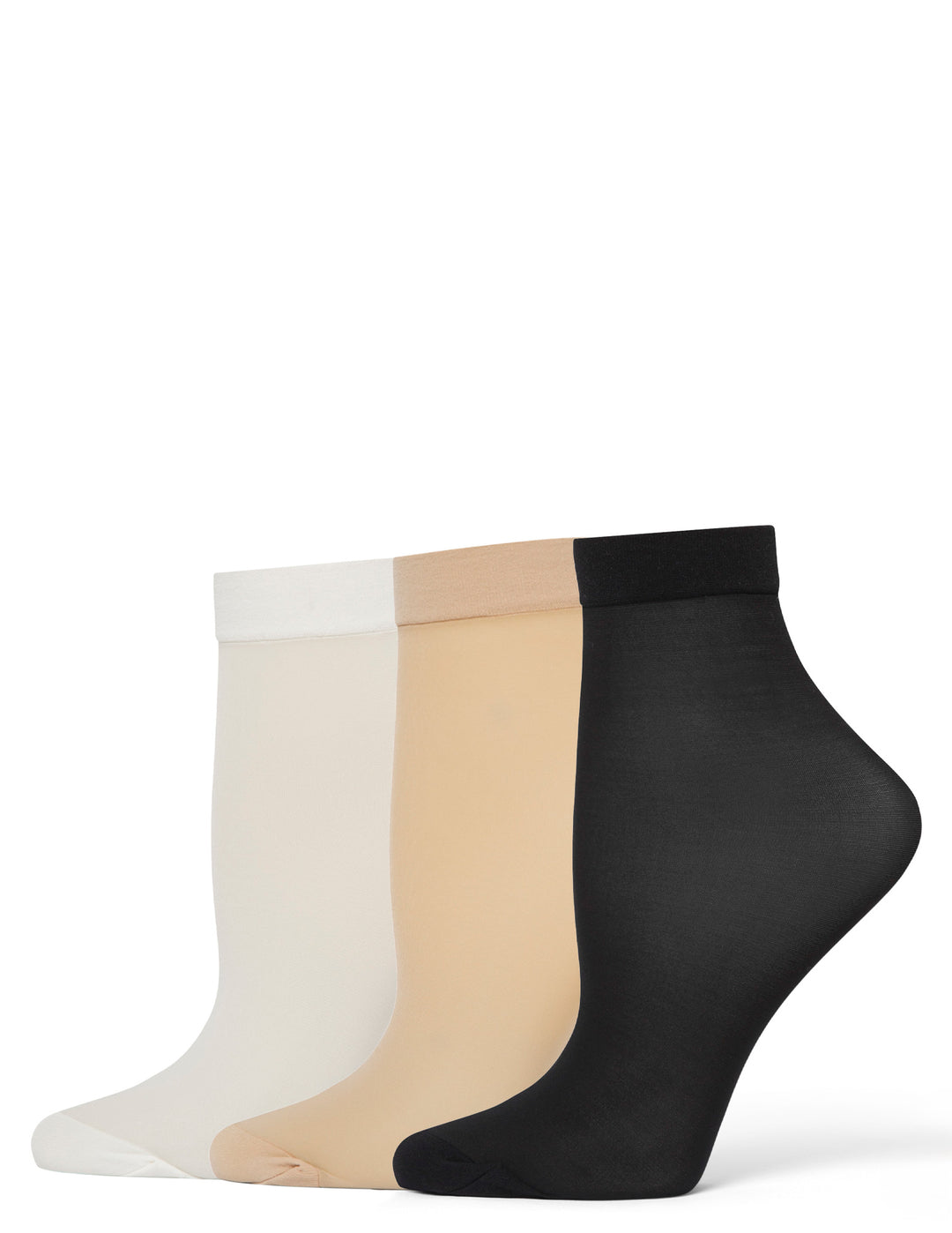 Three pairs of socks in white, beige, and black on a white background