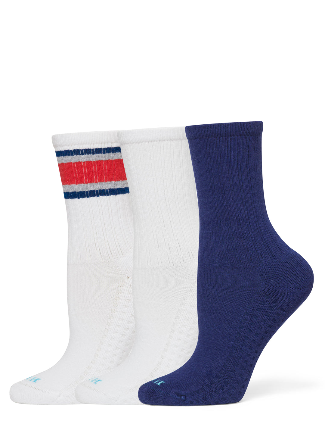 Three pairs of socks with different color patterns on a white background
