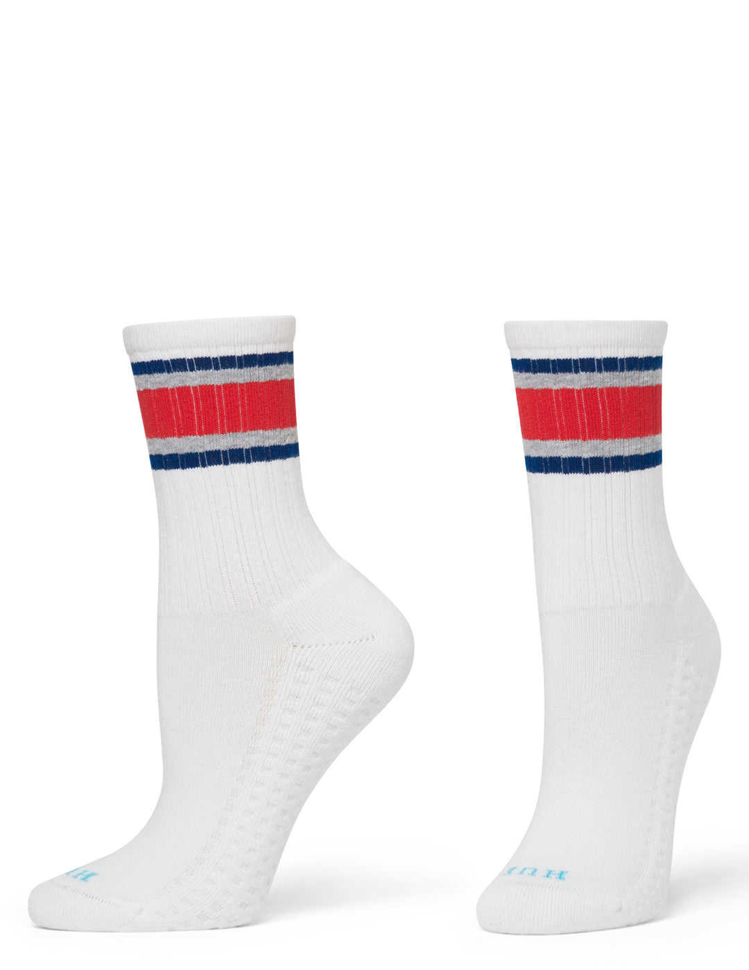 White socks with red and blue stripes on a white background
