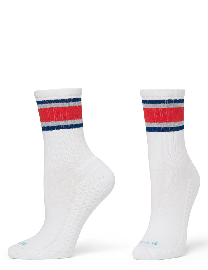 White socks with red and blue stripes on a white background