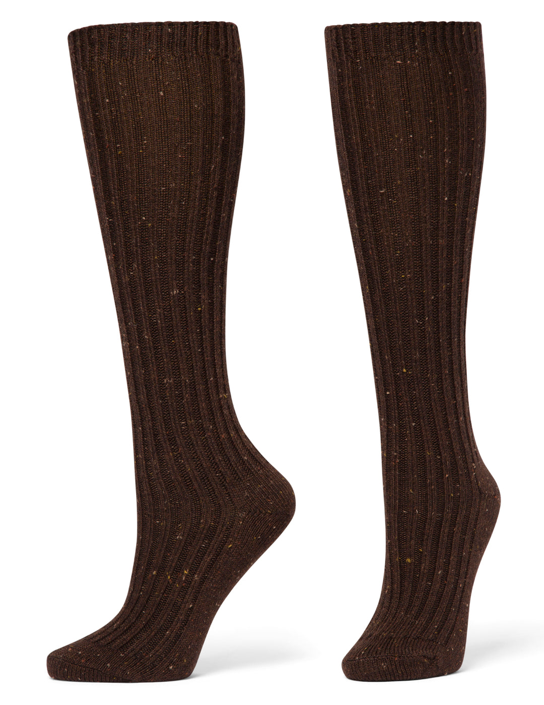 Pair of brown knee-high socks on a white background