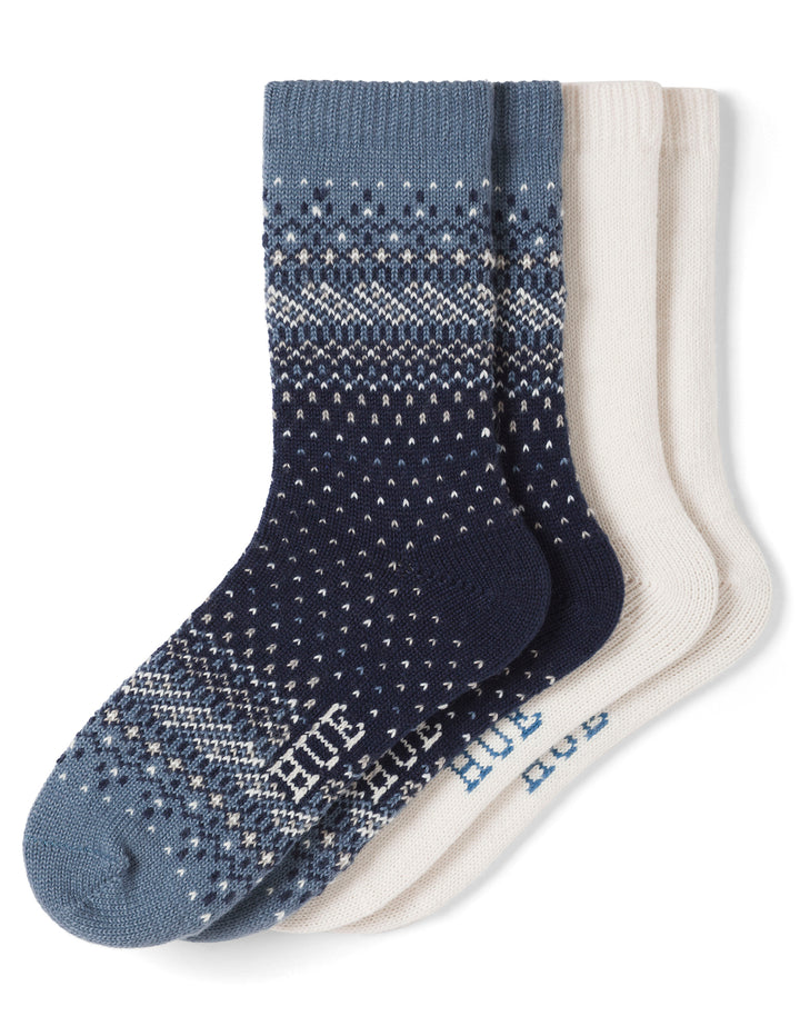 Two pairs of socks, one navy with a pattern and one white, on a white background.
