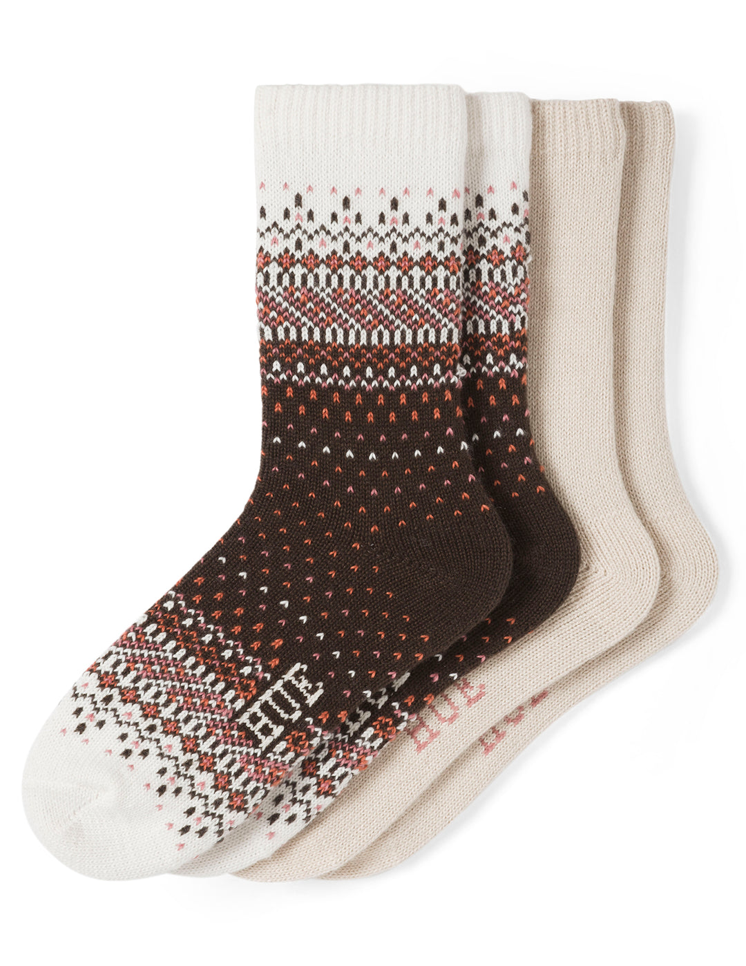 Two pairs of patterned socks on a white background