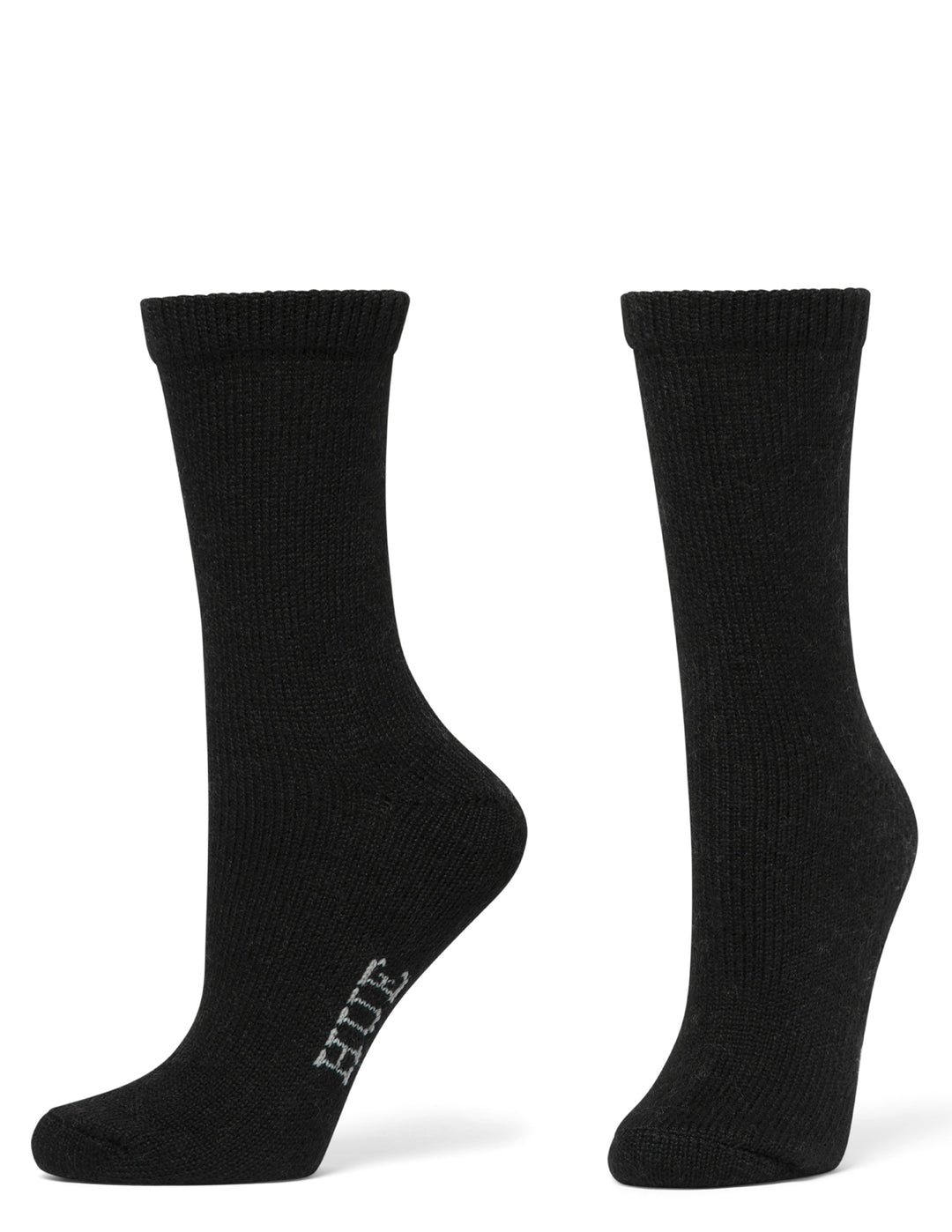Pair of black socks with 'HUE' branding on a white background