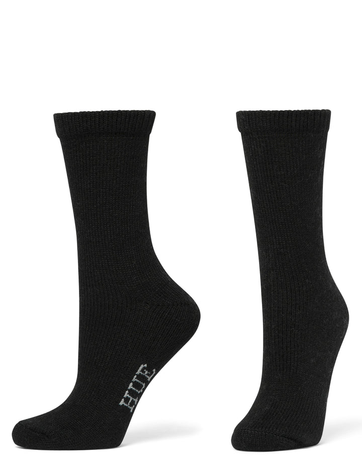 Pair of black socks with 'HUE' branding on a white background