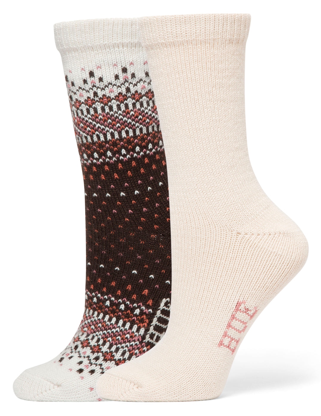 Pair of socks with a patterned toe and plain heel on a white background