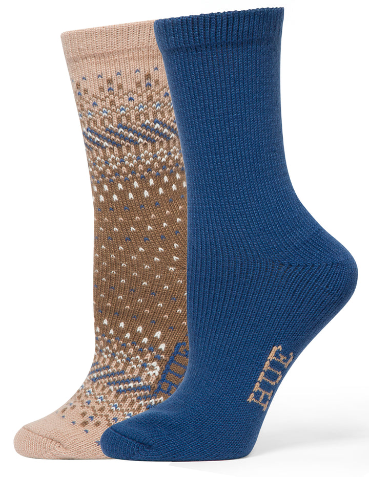 Two pairs of socks, one beige with a pattern and one blue, on a white background.