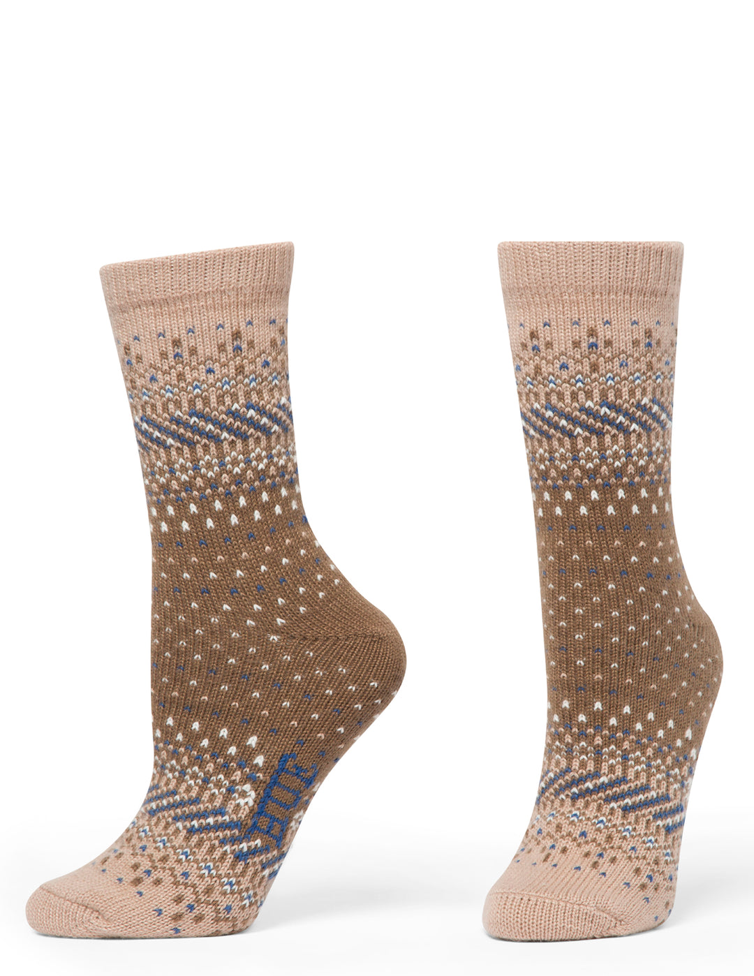 Pair of brown socks with pattern on a white background