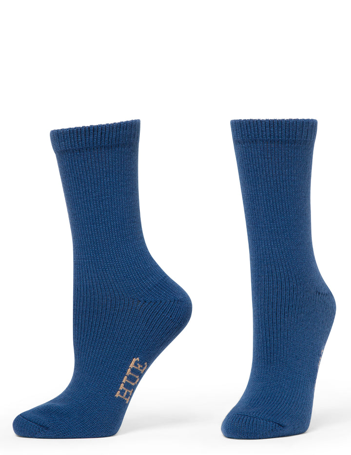Pair of blue socks with 'Hue' branding on a white background