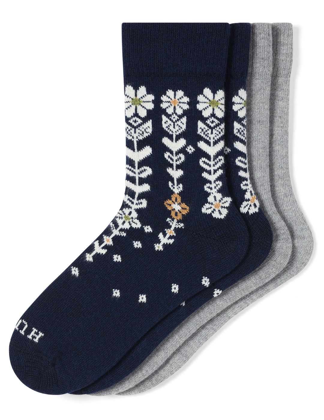 Two pairs of socks with floral patterns, one navy and one gray, on a white background.